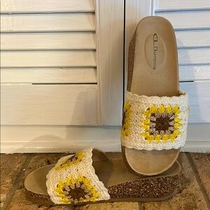 CL Chinese laundry Slip On Sandals
W/ Crochet Tops And Cork Soles